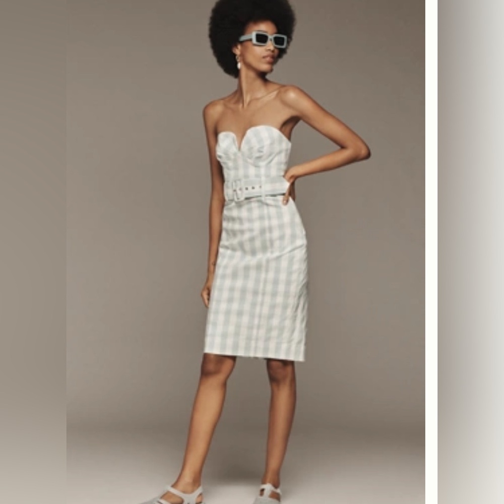 Maeve Anthropologie Strapless Sweetheart Gingham Belted Midi Dress Mint White L